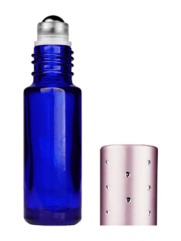 Cylinder design 5ml, 1/6oz Blue glass bottle with metal roller ball plug and pink cap with dots.