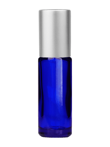 Cylinder design 5ml, 1/6oz Blue glass bottle with metal roller ball plug and matte silver cap.