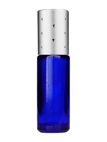 Cylinder design 5ml, 1/6oz Blue glass bottle with plastic roller ball plug and silver cap with dots.