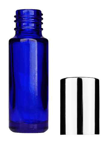 Cylinder design 5ml, 1/6oz Blue glass bottle with shiny silver cap.