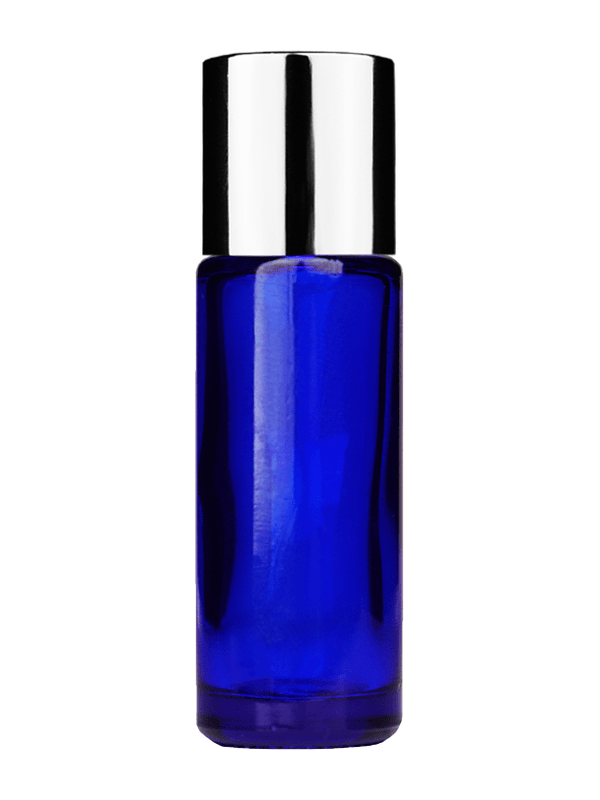 Empty Blue glass bottle with short shiny silver cap capacity: 5ml, 1/6oz. For use with perfume or fragrance oil, essential oils, aromatic oils and aromatherapy.