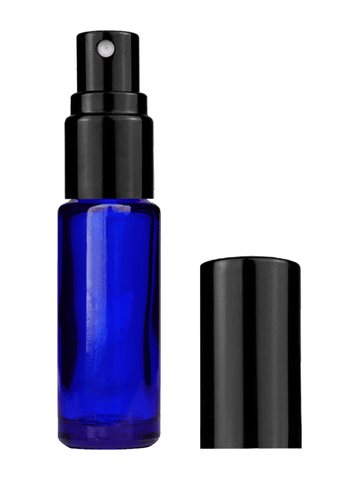 Cylinder design 5ml, 1/6oz Blue glass bottle with shiny black spray.