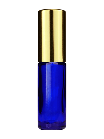 Cylinder design 5ml, 1/6oz Blue glass bottle with shiny gold spray.