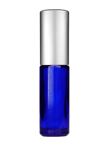 Cylinder design 5ml, 1/6oz Blue glass bottle with matte silver spray.