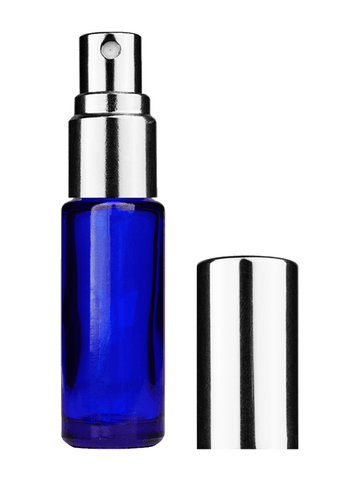 Cylinder design 5ml, 1/6oz Blue glass bottle with shiny silver spray.