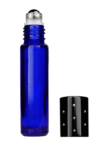 Cylinder design 9ml,1/3 oz Cobalt blue glass bottle with metal roller ball plug and black dot cap.