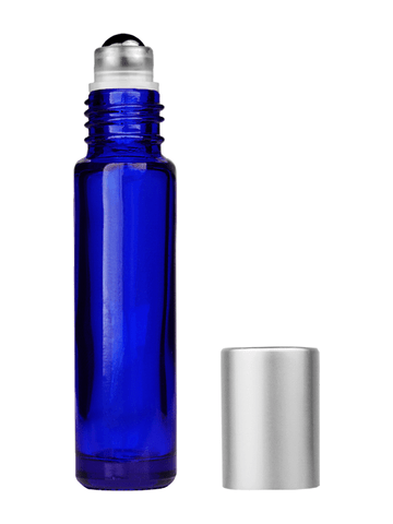 Cylinder design 9ml,1/3 oz Cobalt blue glass bottle with metal roller ball plug and matte silver cap.