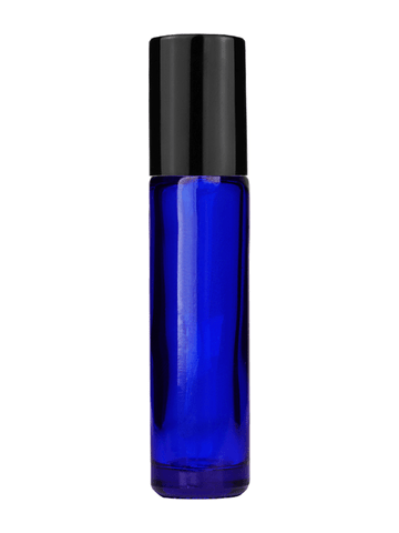 Cylinder design 9ml,1/3 oz Cobalt blue glass bottle with metal roller ball plug and shiny black cap.