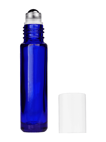 Cylinder design 9ml,1/3 oz Cobalt blue glass bottle with metal roller ball plug and white cap.