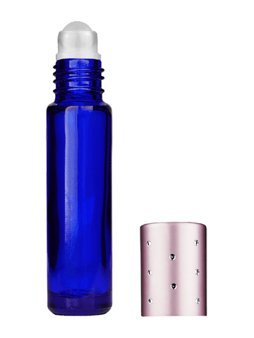 Cylinder design 9ml,1/3 oz Cobalt blue glass bottle with plastic roller ball plug and pink dot cap.