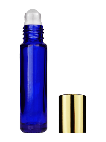 Cylinder design 9ml,1/3 oz Cobalt blue glass bottle with plastic roller ball plug and shiny gold cap.