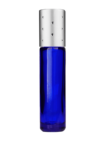 Cylinder design 9ml,1/3 oz Cobalt blue glass bottle with plastic roller ball plug and silver dot cap.