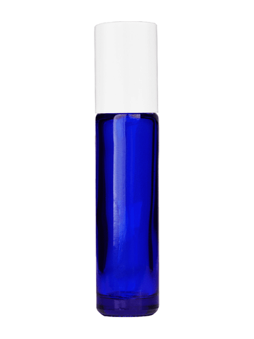 Cylinder design 9ml,1/3 oz Cobalt blue glass bottle with plastic roller ball plug and white cap.