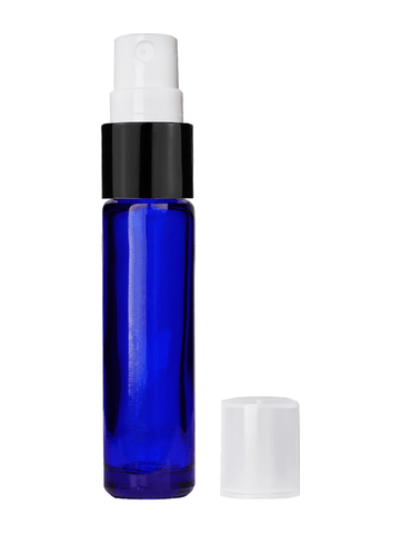 cylinder design 9ml, blue glass bottle with sprayer and shiny black trim.