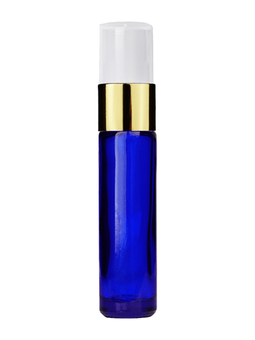 Cylinder design 9ml,1/3 oz Cobalt blue glass bottle with fine mist sprayer with gold trim and plastic overcap.