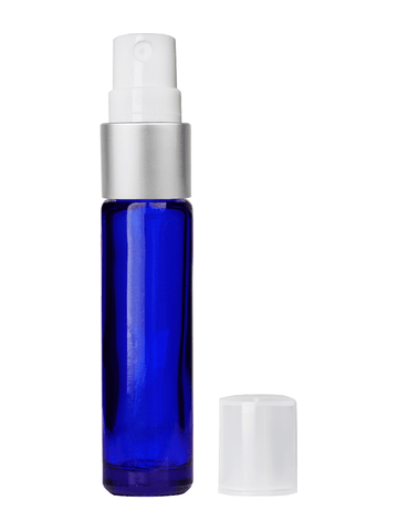 Cylinder design 9ml,1/3 oz Cobalt blue glass bottle with fine mist sprayer with matte silver trim and plastic overcap.