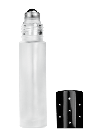 Cylinder design 9ml,1/3 oz frosted glass bottle with metal roller ball plug and black dot cap.