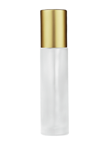 Cylinder design 9ml,1/3 oz frosted glass bottle with plastic roller ball plug and matte gold cap.