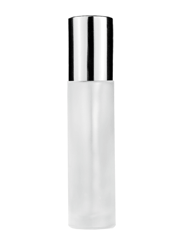 Cylinder design 9ml,1/3 oz frosted glass bottle with plastic roller ball plug and shiny silver cap.