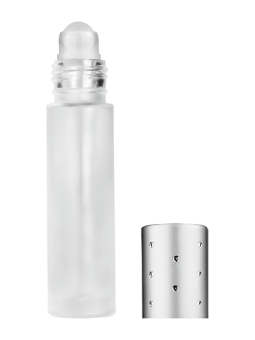 Cylinder design 9ml,1/3 oz frosted glass bottle with plastic roller ball plug and silver dot cap.