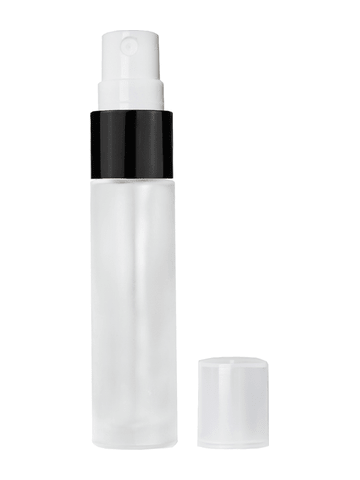 Cylinder design 9ml,1/3 oz frosted glass bottle with fine mist sprayer with black trim and plastic overcap.