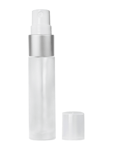 Cylinder design 9ml,1/3 oz frosted glass bottle with fine mist sprayer with matte silver trim and plastic overcap.