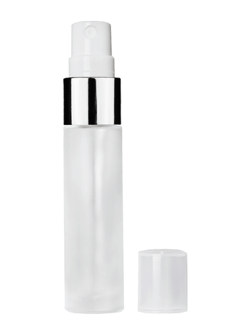 Cylinder design 9ml,1/3 oz frosted glass bottle with fine mist sprayer with shiny silver trim and plastic overcap.