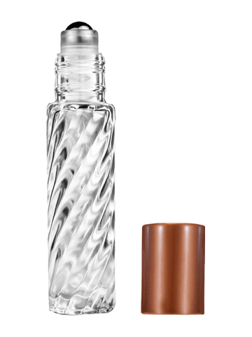 Cylinder swirl design 9ml,1/3 oz glass bottle with metal roller ball plug and matte copper cap.