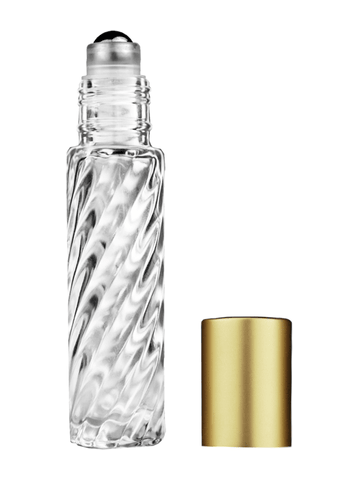 Cylinder swirl design 9ml,1/3 oz glass bottle with metal roller ball plug and matte gold cap.