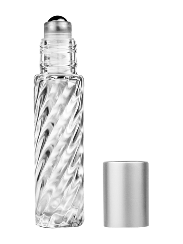 Cylinder swirl design 9ml,1/3 oz glass bottle with metal roller ball plug and matte silver cap.