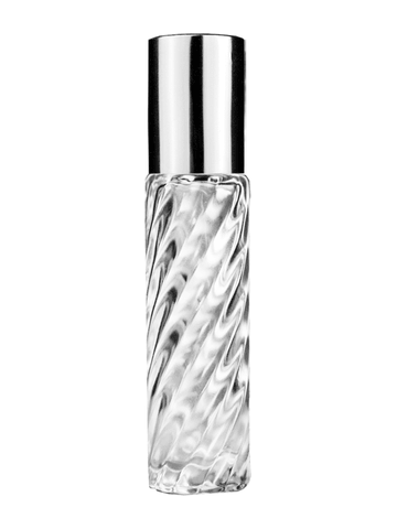 Cylinder swirl design 9ml,1/3 oz glass bottle with metal roller ball plug and shiny silver cap.