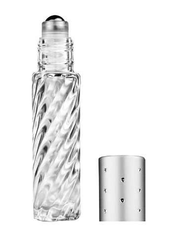 Cylinder swirl design 9ml,1/3 oz glass bottle with metal roller ball plug and silver dot cap.