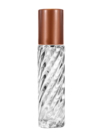 Cylinder swirl design 9ml,1/3 oz glass bottle with plastic roller ball plug and matte copper cap.