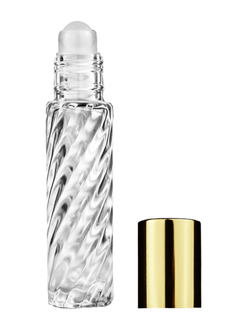 Cylinder swirl design 9ml,1/3 oz glass bottle with plastic roller ball plug and shiny gold cap.