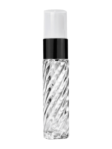 Cylinder swirl design 9ml,1/3 oz glass bottle with fine mist sprayer with black trim and plastic overcap.