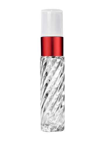 Cylinder swirl design 9ml,1/3 oz glass bottle with fine mist sprayer with red trim and plastic overcap.