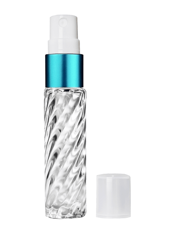 Cylinder swirl design 9ml,1/3 oz glass bottle with fine mist sprayer with turquoise trim and plastic overcap.