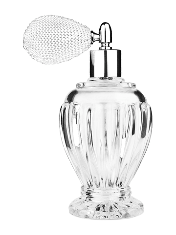 Diva design 100 ml, 3 1/2oz  clear glass bottle  with white vintage style bulb sprayer with shiny silver collar cap.