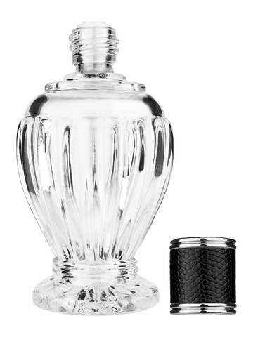 Diva design 100 ml, 3 1/2oz  clear glass bottle  with reducer and black faux leather cap.