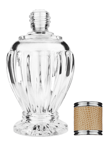 Diva design 100 ml, 3 1/2oz  clear glass bottle  with reducer and light brown faux leather cap.