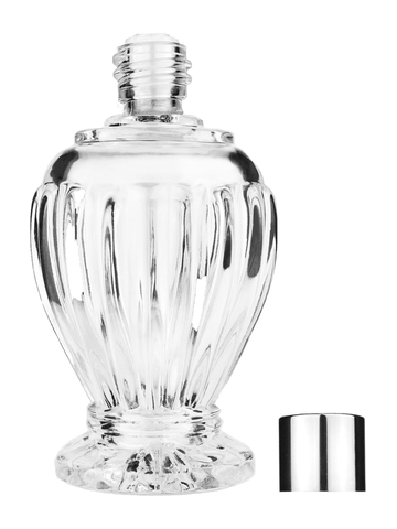 Diva design 100 ml, 3 1/2oz  clear glass bottle  with reducer and shiny silver cap.