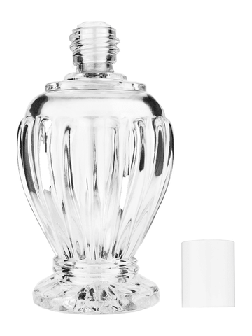 Diva design 100 ml, 3 1/2oz  clear glass bottle  with reducer and white cap.