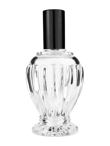 Diva design 100 ml, 3 1/2oz  clear glass bottle  with shiny black spray pump.