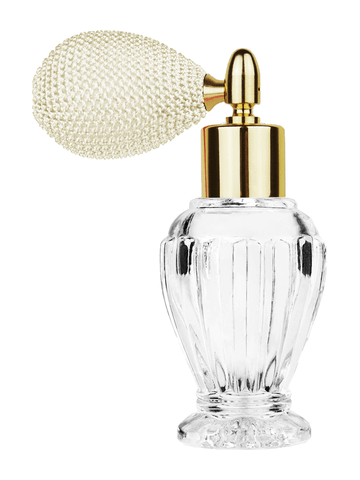 Diva design 30 ml, 1oz  clear glass bottle  with ivory vintage style bulb sprayer with shiny gold collar cap.