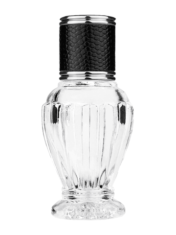 Diva design 30 ml, 1oz  clear glass bottle  with reducer and black faux leather cap.