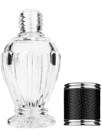 Diva design 30 ml, 1oz  clear glass bottle  with reducer and black faux leather cap.