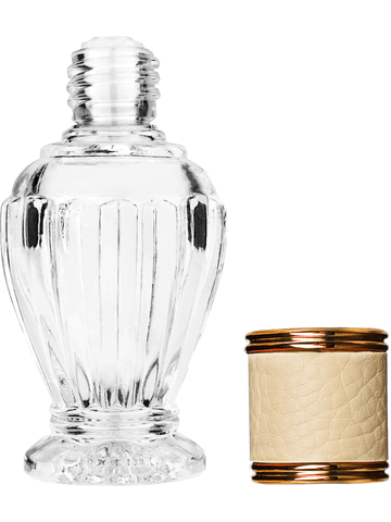 Diva design 30 ml, 1oz  clear glass bottle  with reducer and ivory faux leather cap.