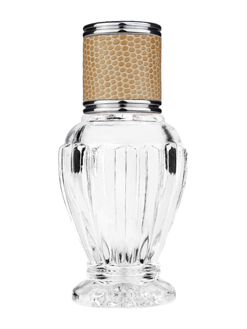 Diva design 30 ml, 1oz  clear glass bottle  with reducer and light brown faux leather cap.