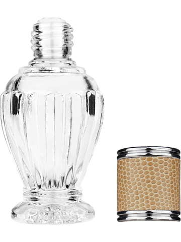 Diva design 30 ml, 1oz  clear glass bottle  with reducer and light brown faux leather cap.