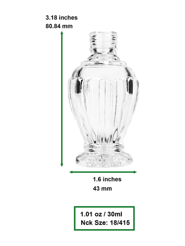 Diva design 30 ml, 1oz  clear glass bottle  with reducer and shiny silver cap.